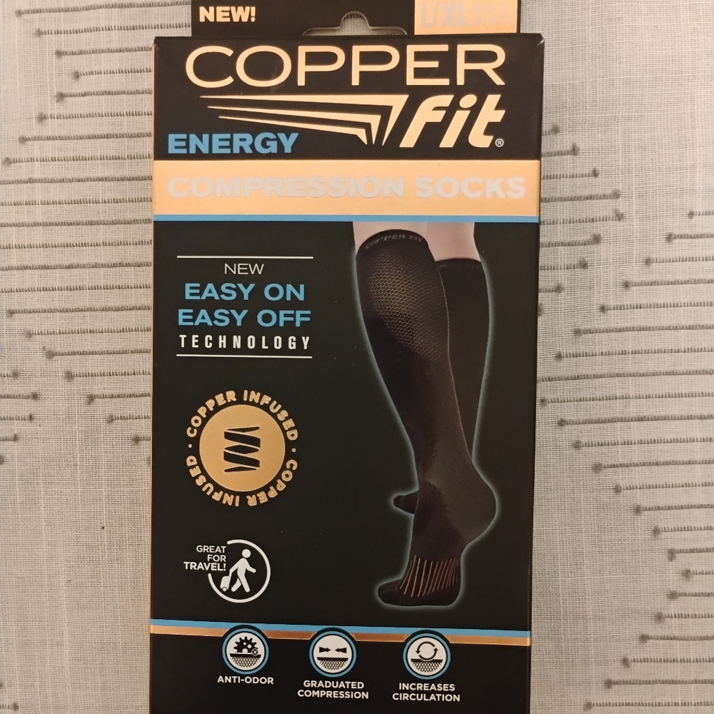 Black Copper Fit Energy Compression Socks Large / XL Easy On Easy Off 1 Pair NIB